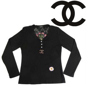 CHANEL XL Vintage Classic Embroidered Black Floral Long-sleeved Shirt